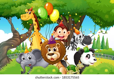 Wild animals with party theme in nature forest background illustration