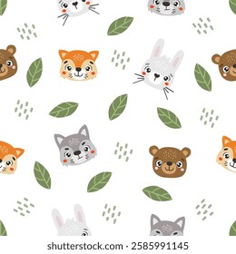 Wild animals pattern, cute wild animals, kids pattern, forest vector, cartoon, seamless pattern