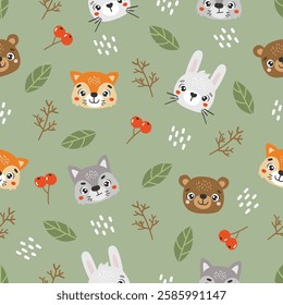 Wild animals pattern, cute wild animals, kids pattern, forest vector, cartoon, seamless pattern