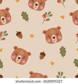 Padrão de animais selvagens, animais selvagens bonitos, padrão de crianças, desenho animado florestal padrão sem costura, marrom