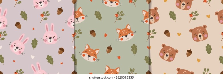 Padrão de animais selvagens, animais selvagens bonitos, padrão de crianças, desenhos animados florestais sem costura padrão definido