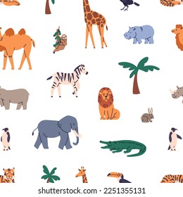 Wild animals pattern. Seamless background, different cute mammals, fauna. Wildlife, kids repeating print for wrapping, textile. Endless texture design. Printable childish flat vector illustration