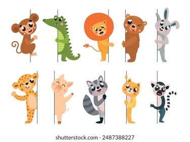 Animales salvajes espiando. Animal que mira por las líneas de Vertical, cuidado y da la bienvenida. Dibujos animados cocodrilo león oso mapache mono con personajes de Vector con clase