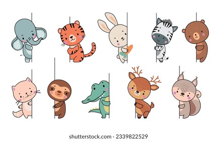 Wild animals peeking, cute cartoon animal looking out wall. Elephant, bear and kitten characters. Cute funny friendly crocodile nowaday vector set