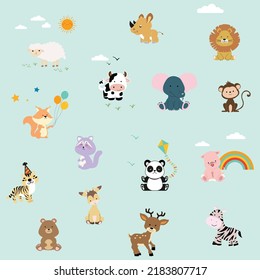 Animales salvajes y mascotas. El lugar es perfecto para hacer reservas de recortes, ducha de bebé, póster infantil, etiqueta, kit de pegatinas. patrones impecables, esbozo de la ilustración Vector.
