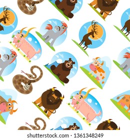 Wild animals and pets seamless pattern in cartoon style.