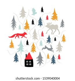 Wild animals in a pine forest and cabin design. Vector illustration