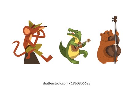 Wild Animals Playing Musical Instruments Set, Funny Rat, Crocodile, Beaver Playing Harmonica, Guitar and Cello Cartoon Vector Illustration