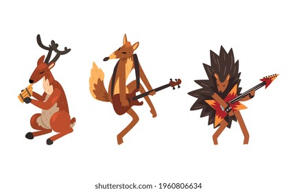 Wild Animals Playing Musical Instruments Set, Hedgehog, Deer, Fox Playing Electric Guitar, Harmonica Cartoon Vector Illustration