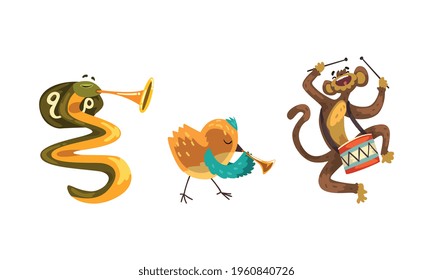 Wild Animals Playing Musical Instruments Set, Monkey, Bird, Cobra Snake Playing Drum and Trumpet Cartoon Vector Illustration