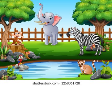 Wild animals playing on the edge of a beautiful small pond