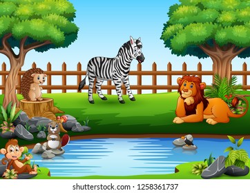 Wild animals playing on the edge of a beautiful small pond