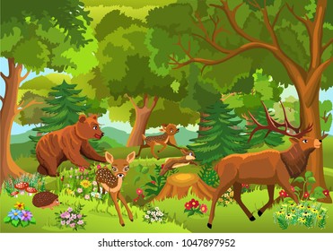 Wild animals playing and running through the forest