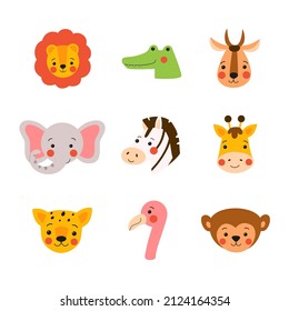 Wild animals portraits vector set. Cute and funny baby animals faces  collection drawn in flat style and isolated on white background