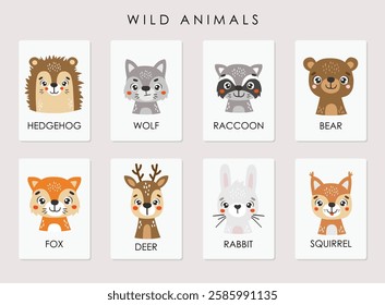 Wild animals posters, cute forest animals, kids vector cartoon