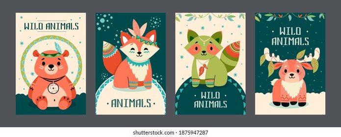 Wild animals posters set. Friendly cartoon bear, fox, raccoon, moose with decorations in boho style. Vector illustrations with text. Wildlife concept for flyers and brochures design