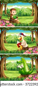 Wild animals reading book in the forest illustration