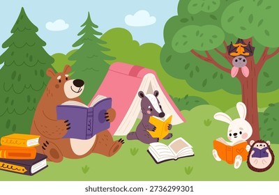 Wild animals reading book. Funny fauna characters in forest, cartoon badger, hedgehog, bear learning, hare and bat in outdoor library, kids mascots, garish vector cartoon flat style isolated concept