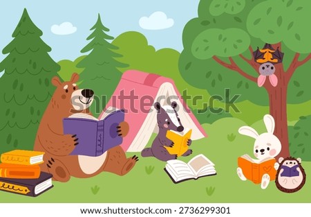 Wild animals reading book. Funny fauna characters in forest, cartoon badger, hedgehog, bear learning, hare and bat in outdoor library, kids mascots, garish vector cartoon flat style isolated concept