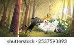 Wild animals reading book or study in forest. Wolf squirrel rabbit and mouse learn from open book in the woods among trees. Illustration for kids education or fairy tale. Vector cartoon for children.