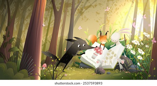 Wild animals reading book or study in forest. Wolf squirrel rabbit and mouse learn from open book in the woods among trees. Illustration for kids education or fairy tale. Vector cartoon for children.