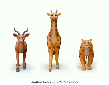 Wild animals in realistic style, front view. Set of savanna herbivores and predators