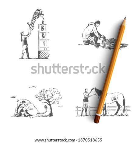 Wild animals rescue - people taking care of giraffe, horse, kangaroo, turtle vector concept set. Hand drawn sketch isolated illustration