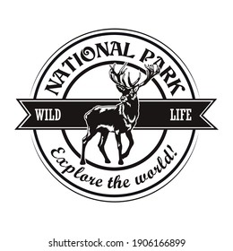 Wild animals reserve symbol design. Monochrome element with moose deer vector illustration with text on circle. National park and nature concept for stamps and emblems templates