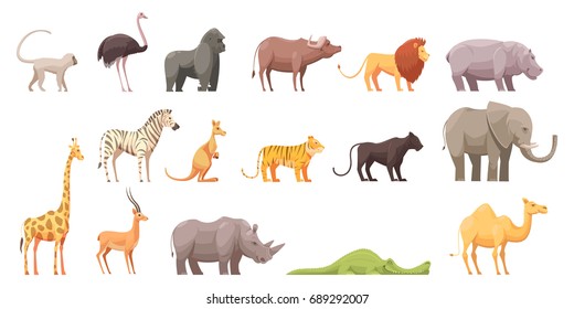 Wild animals retro cartoon collection of flat isolated jungle and african beast images on blank background vector illustration