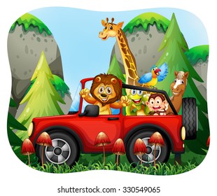 Wild animals riding on jeep illustration