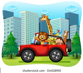 Wild animals riding on red jeep illustration