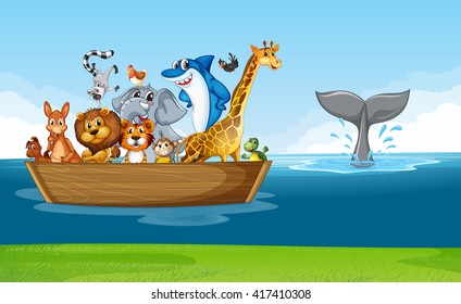 Wild animals riding on wooden boat illustration