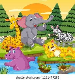 Animales silvestres en la ilustración del río
