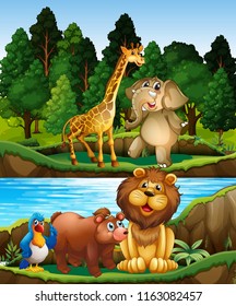 Animales salvajes en la ilustración del río