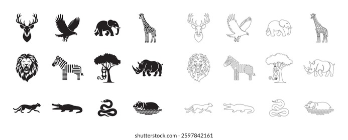 Wild Animals and Safari Icons Set. Editable minimalist and outline vector icons. Perfect for web and app interfaces, presentations, info graphics, etc. In black color on a white background.
