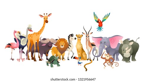 Wild animals. Safari wildlife africa happy animal lion zebra elephant rhino parrot giraffe ostrich flamingo cute zoo jungle vector poster