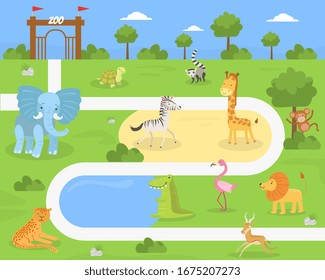 Wild Animals of Savanna and Desert in the Zoo, African Wildlife on Summer Landscape Vector illustration