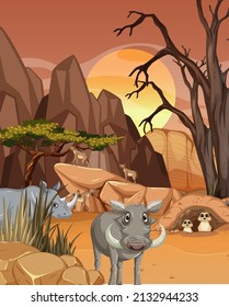 Wild animals in savanna forest illustration