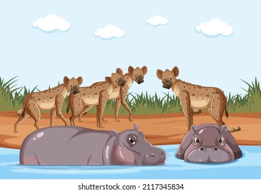 Wild animals in savanna forest landscape illustration