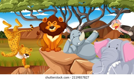 Wild animals in savanna forest landscape illustration