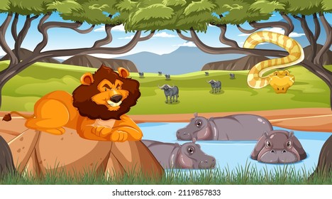 Wild animals in savanna forest landscape illustration