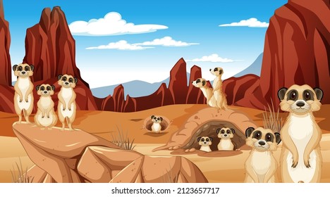 Wild animals in savanna forest landscape illustration