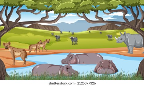 Wild animals in savanna forest landscape illustration