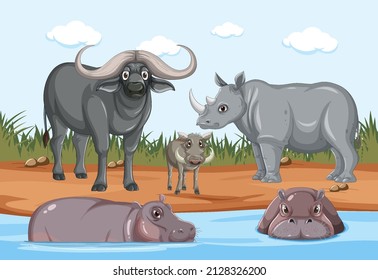Wild animals in savanna forest landscape illustration