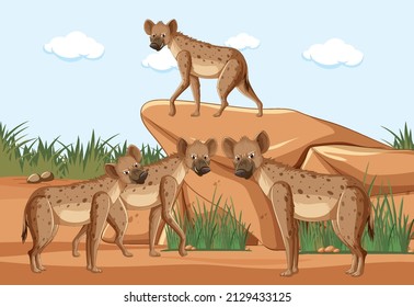 Wild animals in savanna forest landscape illustration