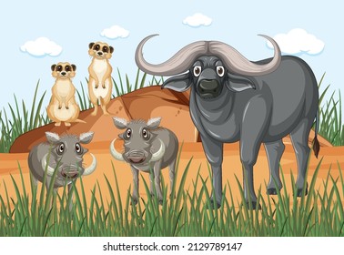 Wild animals in savanna forest landscape illustration