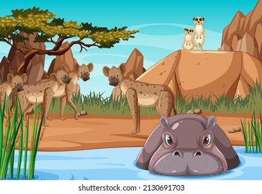 Wild animals in savanna forest landscape illustration