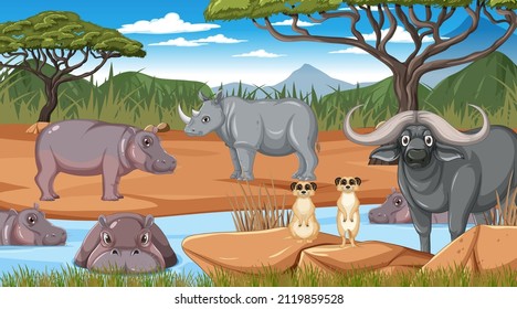 Wild animals in savanna forest scene illustration