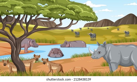 Wild animals in savanna forest scene illustration