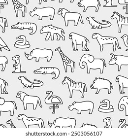 Wild animals savanna seamless pattern doodle hand drawn line icons set background simple modern symbol wallpaper backdrop minimalist illustration